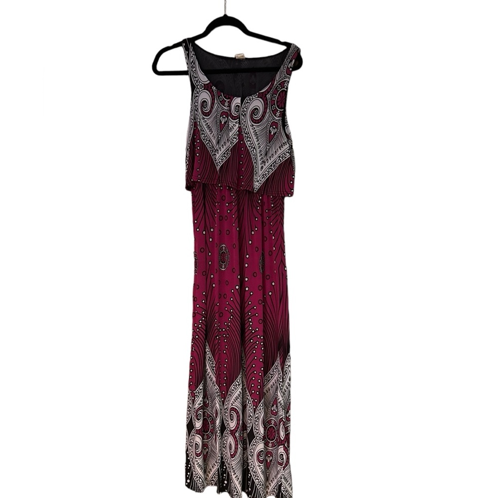 Magenta, Black and White Silk Maxi Dress, size Large, sleeveless